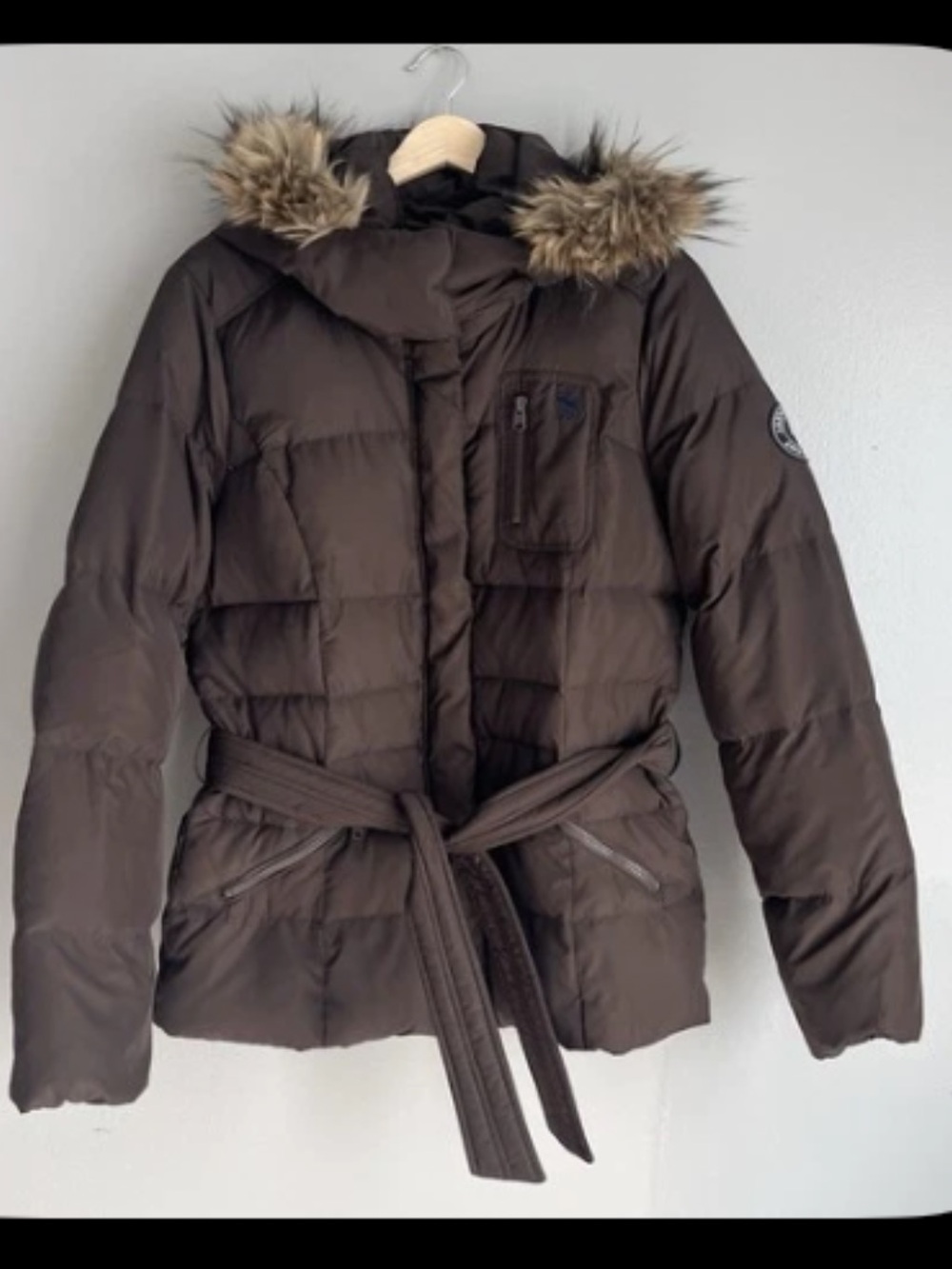 Abercrombie & Fitch Brown Quilted Belted Puffer Coat with Faux Fur Trim